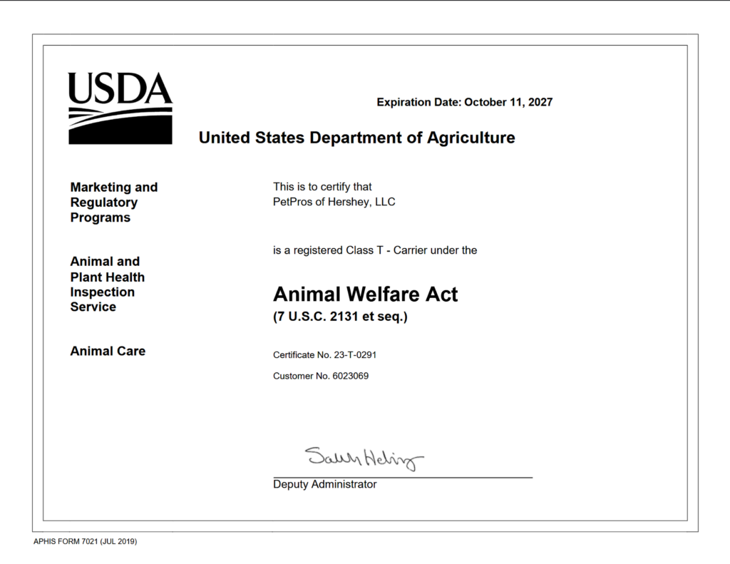 PetPros of Hershey, LLC is USDA Certified to transport animals.